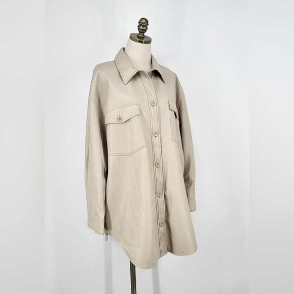 Wilfred Ganna Shirt Jacket Faux Leather Shacket Taupe Cream Button Up XL - Picture 1 of 11